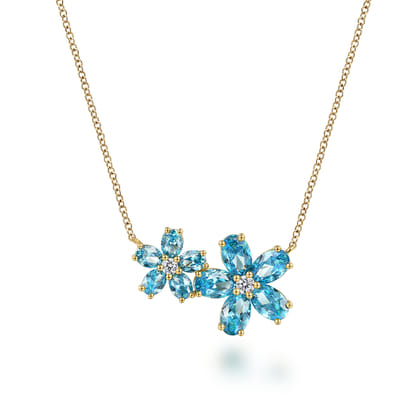 Floral - 14K Yellow Gold Diamond and Blue Topaz Flower Necklace