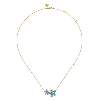 Floral - 14K Yellow Gold Diamond and Blue Topaz Flower Necklace
