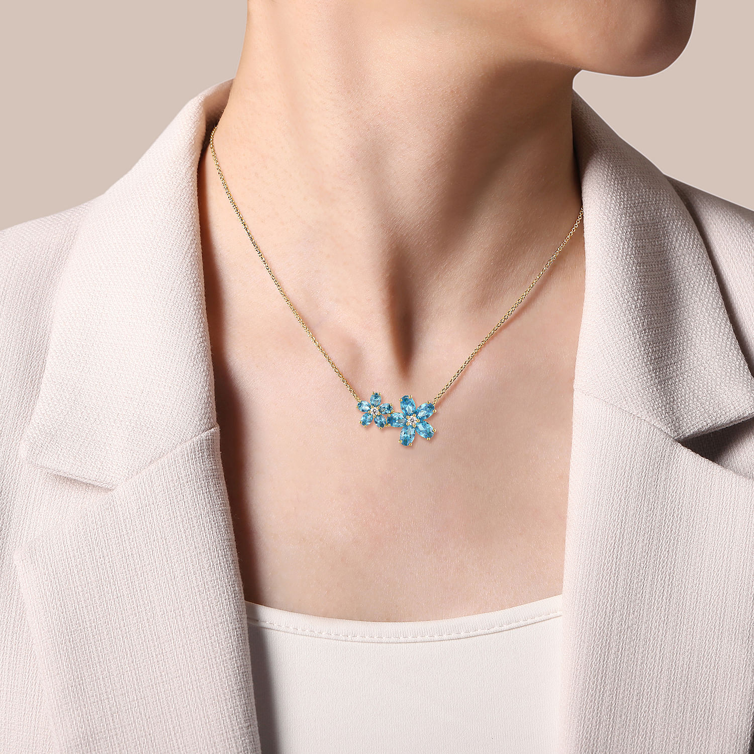 14K Yellow Gold Diamond and Blue Topaz Flower Necklace