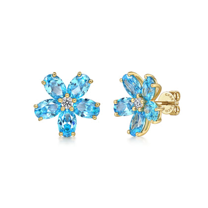 Floral - 14K Yellow Gold Diamond and Blue Topaz Flower Stud Earrings