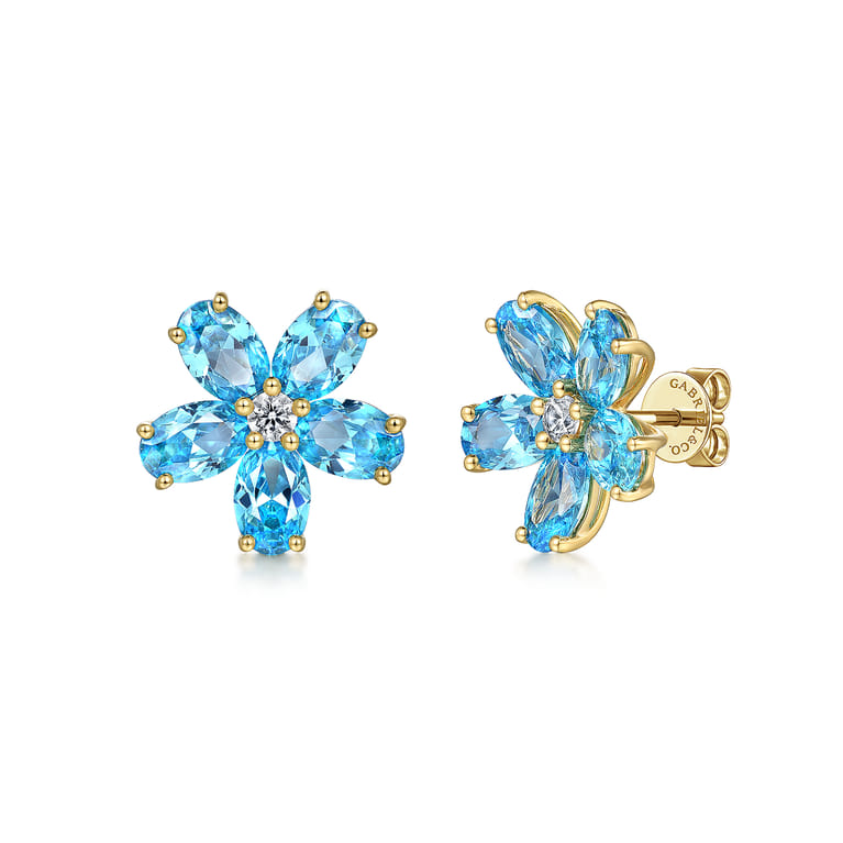 Floral - 14K Yellow Gold Diamond and Blue Topaz Flower Stud Earrings - 0.14 ct - Shot 1