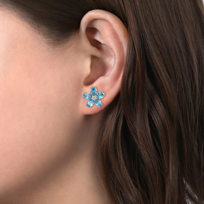 Floral - 14K Yellow Gold Diamond and Blue Topaz Flower Stud Earrings