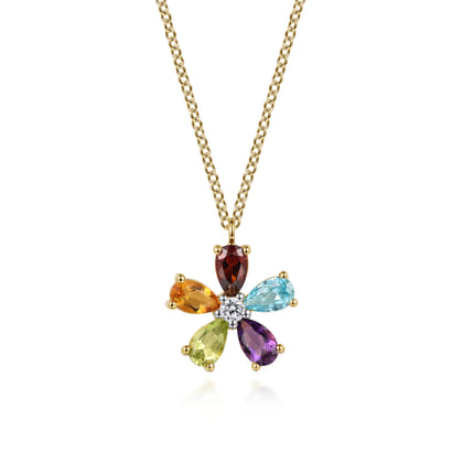Floral - 14K Yellow Gold Diamond and Multi Color Amethyst Peridot Swiss Blue Topaz Garnet  Citrine Floral Pendant Necklace