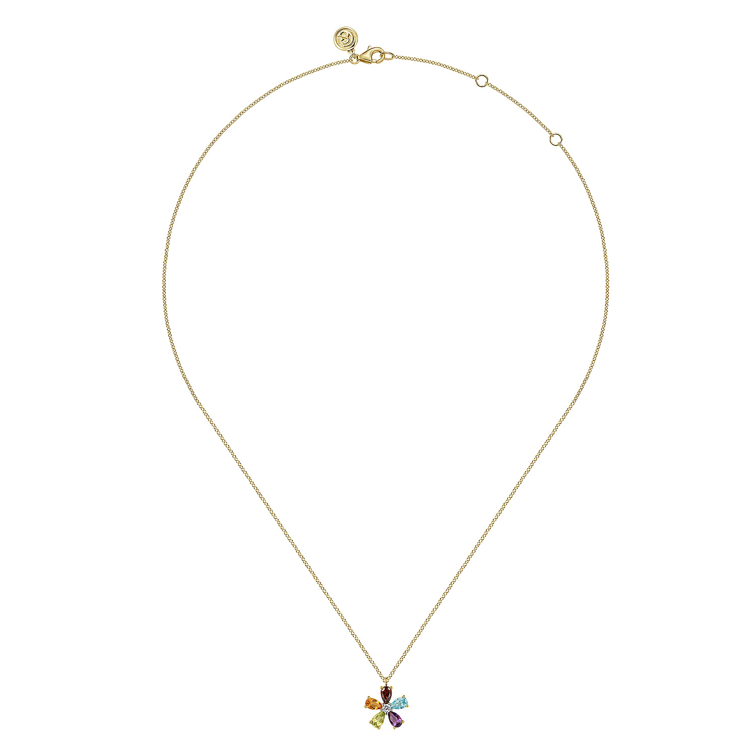 Floral - 14K Yellow Gold Diamond and Multi Color Amethyst Peridot Swiss Blue Topaz Garnet  Citrine Floral Pendant Necklace - 0.05 ct - Shot 2