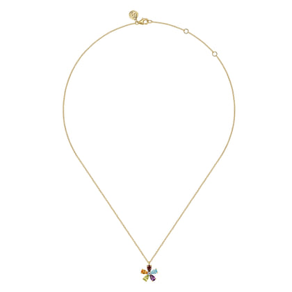 Floral - 14K Yellow Gold Diamond and Multi Color Amethyst Peridot Swiss Blue Topaz Garnet  Citrine Floral Pendant Necklace
