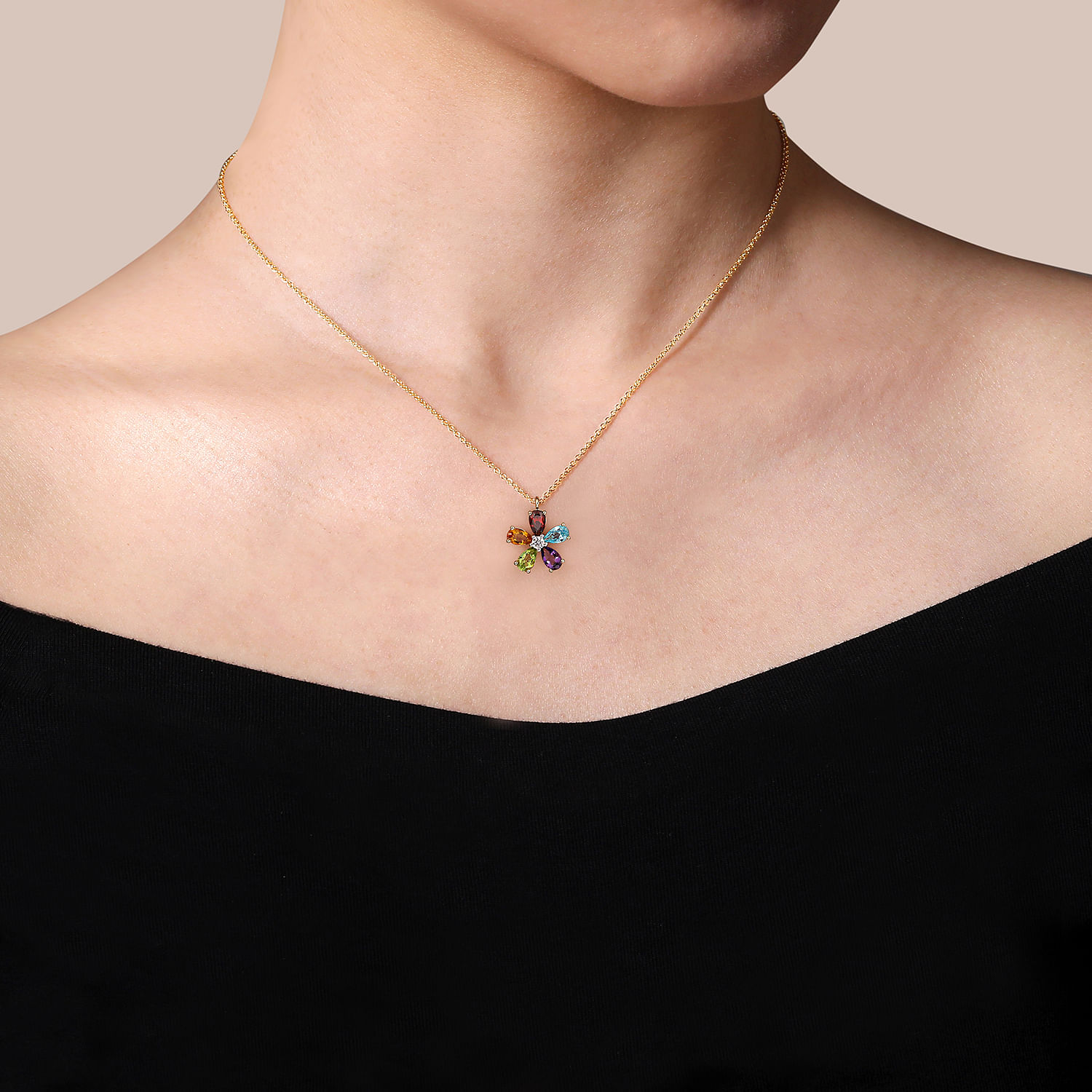 Floral - 14K Yellow Gold Diamond and Multi Color Amethyst Peridot Swiss Blue Topaz Garnet  Citrine Floral Pendant Necklace - 0.05 ct - Shot 3