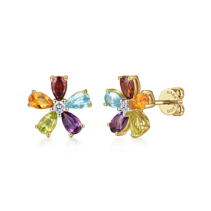 Floral - 14K Yellow Gold Diamond and Multi Color Amethyst Peridot Swiss Blue Topaz Garnet Citrine Floral Stud Earrings