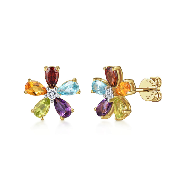 Floral - 14K Yellow Gold Diamond and Multi Color Amethyst Peridot Swiss Blue Topaz Garnet Citrine Floral Stud Earrings - 0.1 ct - Shot 1