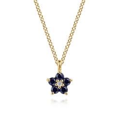 14K Yellow Gold Diamond and Sapphire Flower Pendant Necklace 