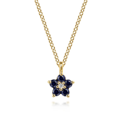 Floral - 14K Yellow Gold Diamond and Sapphire Flower Pendant Necklace