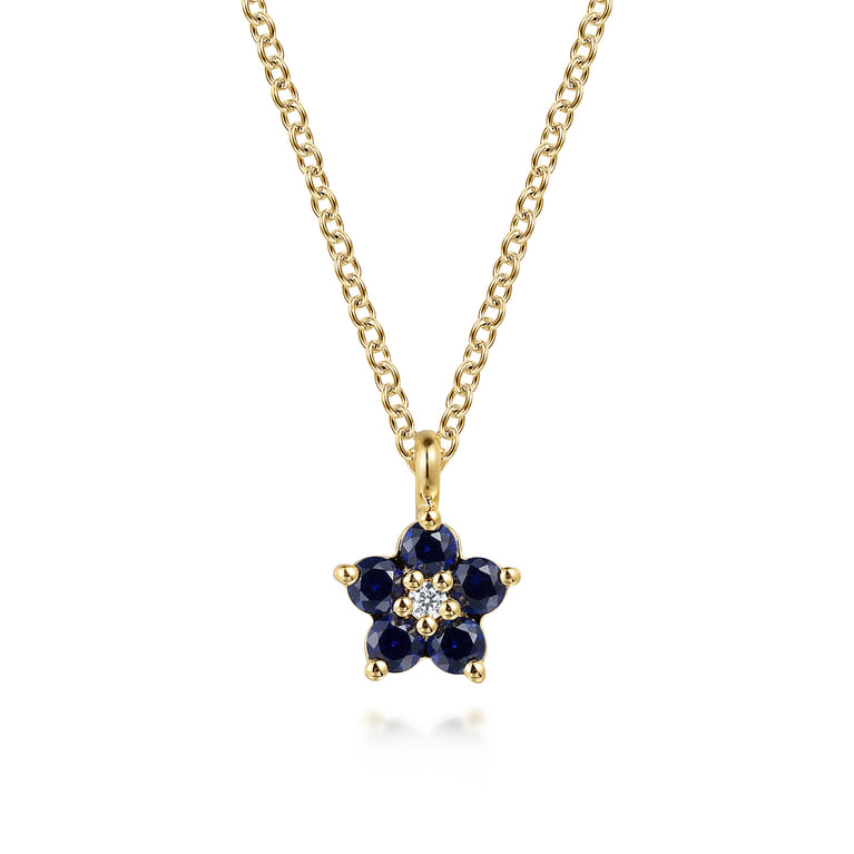 Floral - 14K Yellow Gold Diamond and Sapphire Flower Pendant Necklace - 0.01 ct - Shot 1
