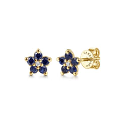 Floral - 14K Yellow Gold Diamond and Sapphire Flower Stud Earrings