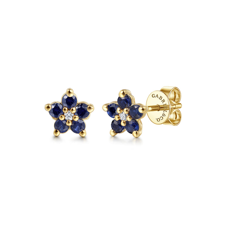 Floral - 14K Yellow Gold Diamond and Sapphire Flower Stud Earrings - 0.01 ct - Shot 1