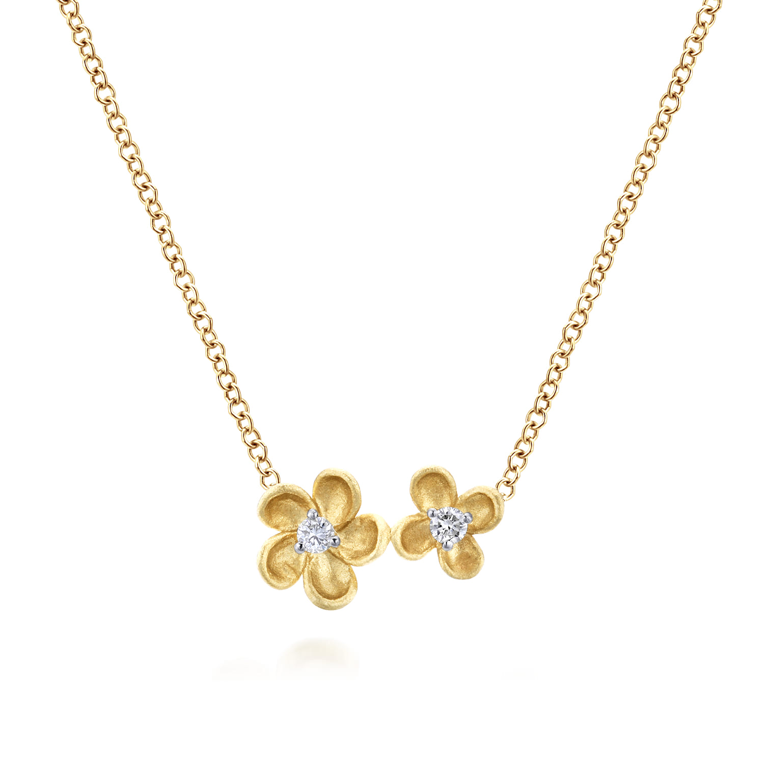Floral - 14K Yellow Gold Double Flower Diamond Necklace - 0.04 ct - Shot 1