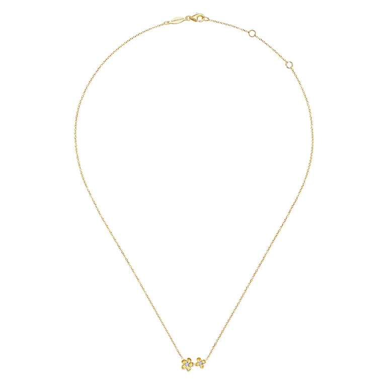 Floral - 14K Yellow Gold Double Flower Diamond Necklace - 0.04 ct - Shot 2