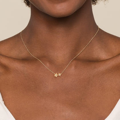 Floral - 14K Yellow Gold Double Flower Diamond Necklace