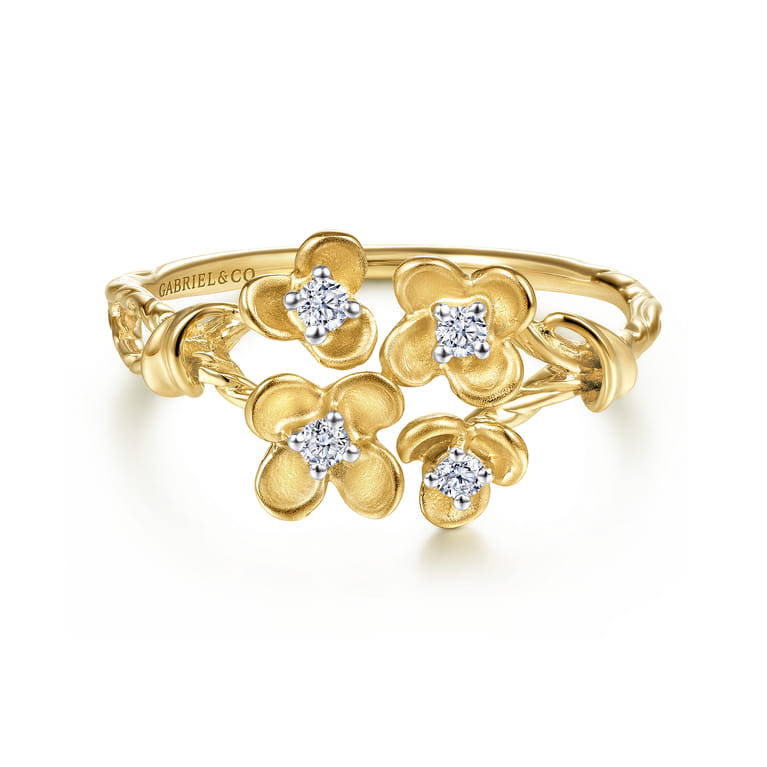 Floral - 14K Yellow Gold Engraved Floral Diamond Ring - 0.06 ct - Shot 1
