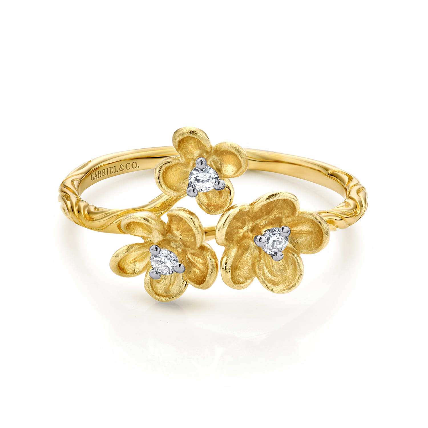 Floral - 14K Yellow Gold Engraved Floral Diamond Ring - 0.05 ct - Shot 1
