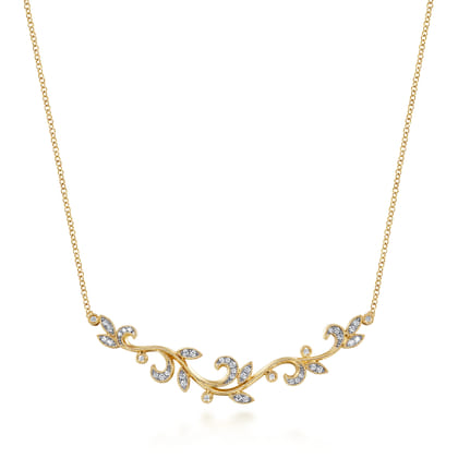 Floral - 14K Yellow Gold Floral Branch Diamond Necklace