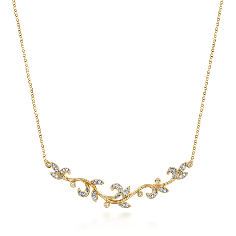Floral - 14K Yellow Gold Floral Branch Diamond Necklace - 0.3 ct - Shot 1