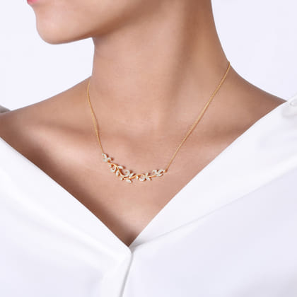Floral - 14K Yellow Gold Floral Branch Diamond Necklace