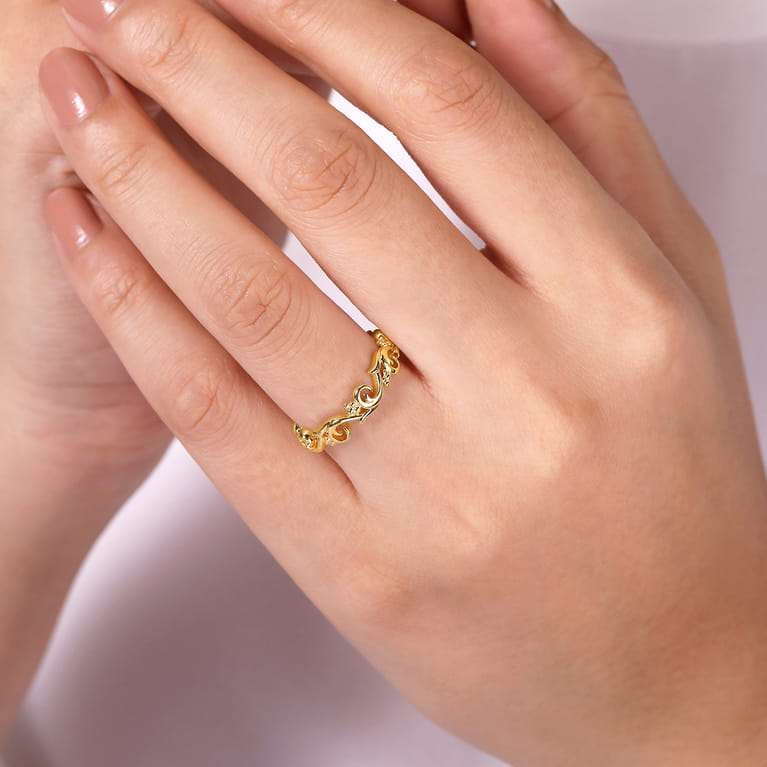 Floral - 14K Yellow Gold Floral Stackable Ring - Shot 5