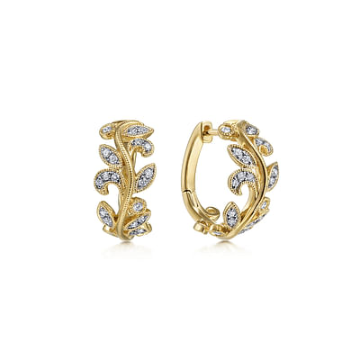 Floral - 14K Yellow Gold Floral15mm Diamond Huggies