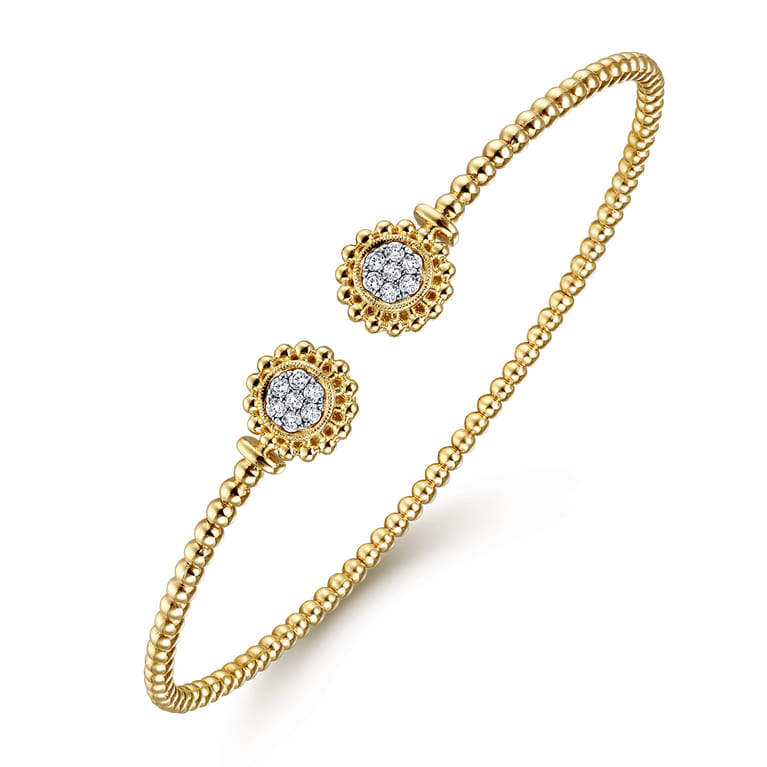 Floral - 14K Yellow Gold Open Bangle with Pave Diamond Circles - 0.18 ct - Shot 2