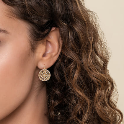 Floral - 14K Yellow Gold Round Diamond Disc Flower Drop Earrings