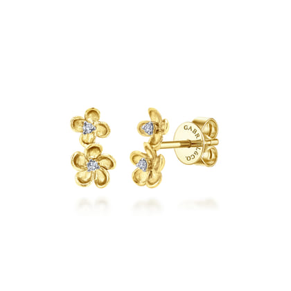 Floral - 14K Yellow Gold Stacked Flower Diamond Stud Earrings