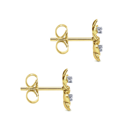 Floral - 14K Yellow Gold Stacked Flower Diamond Stud Earrings