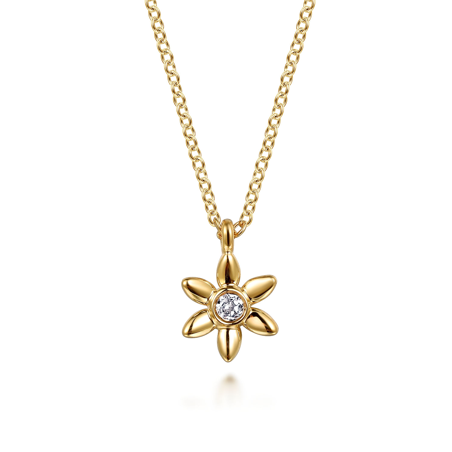 Floral - 14K Yellow Gold White Sapphire Floral Pendant Necklace