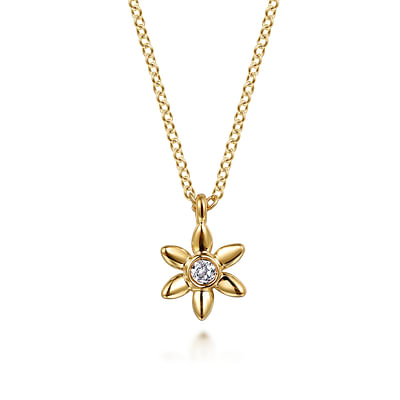 Floral - 14K Yellow Gold White Sapphire Floral Pendant Necklace