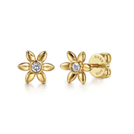 Floral - 14K Yellow Gold White Sapphire Stud Earrings