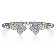 Floral - 14K Yellow Gold and 925 Sterling Silver Bujukan Beads and White Sapphire Flower Split Bangle Bracelet
