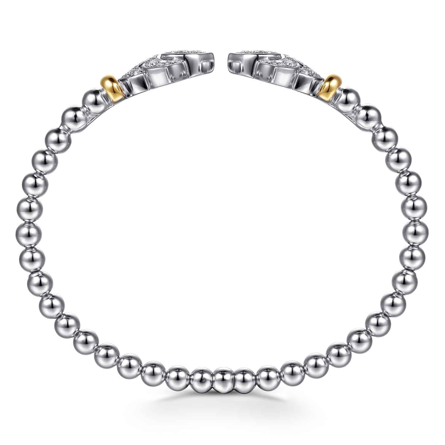Floral - 14K Yellow Gold and 925 Sterling Silver Bujukan Beads and White Sapphire Flower Split Bangle Bracelet - Shot 3