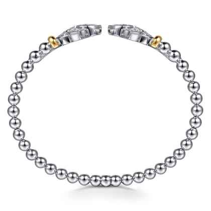 Floral - 14K Yellow Gold and 925 Sterling Silver Bujukan Beads and White Sapphire Flower Split Bangle Bracelet