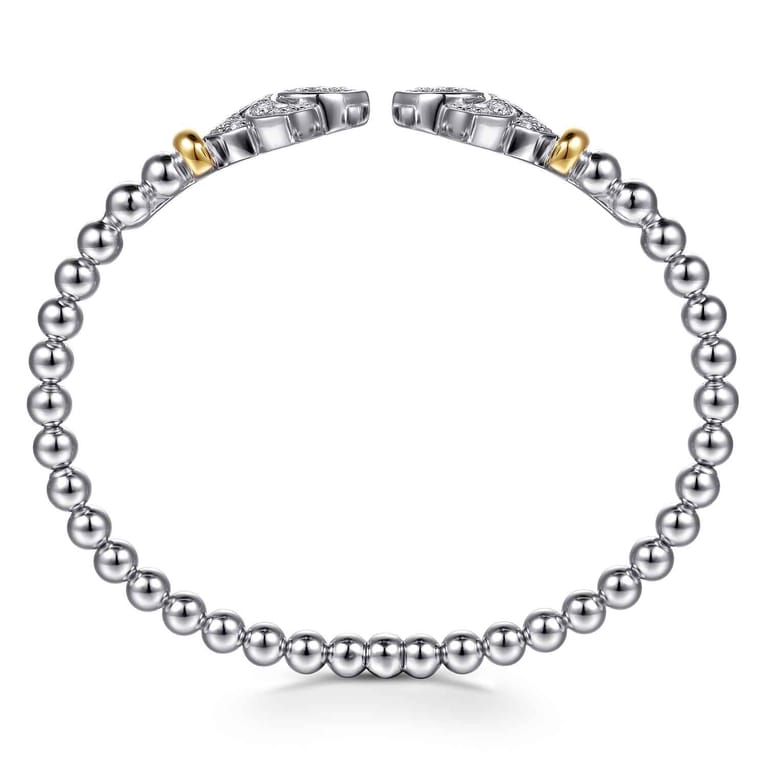Floral - 14K Yellow Gold and 925 Sterling Silver Bujukan Beads and White Sapphire Flower Split Bangle Bracelet - Shot 3