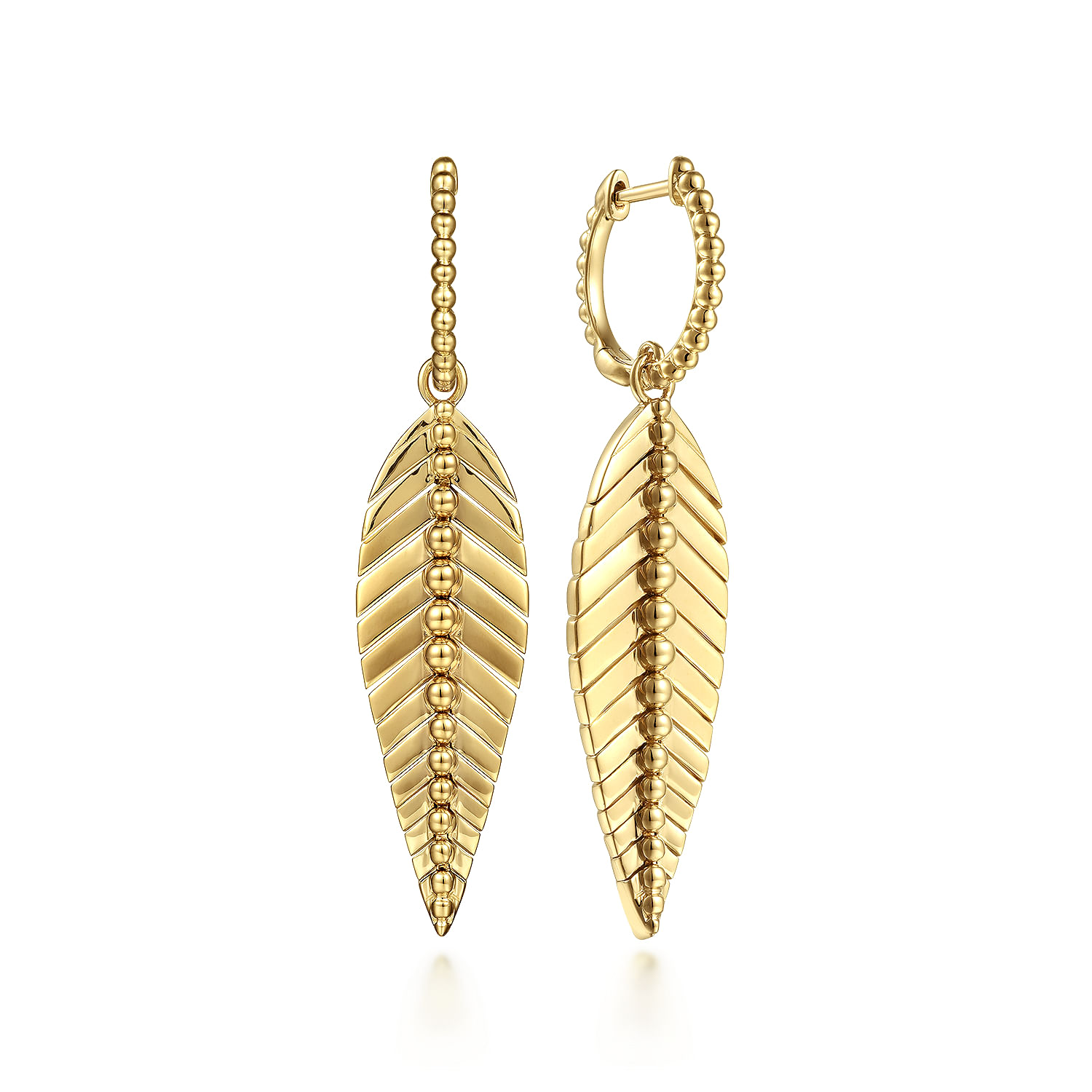 Floral - 14K Yellow Plain Gold Huggie Drop Leaf Earrings