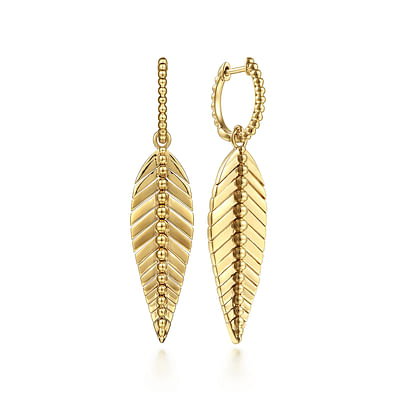 Floral - 14K Yellow Plain Gold Huggie Drop Leaf Earrings