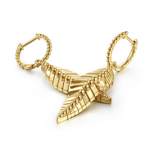 Floral - 14K Yellow Plain Gold Huggie Drop Leaf Earrings