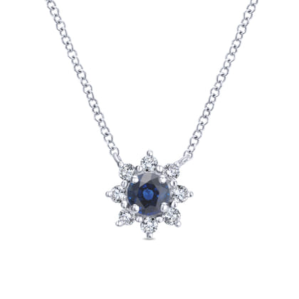 Floral - 18 inch 14K White Gold Sapphire and Diamond Halo Floral Pendant Necklace