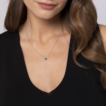 Floral - 18 inch 14K White Gold Sapphire and Diamond Halo Floral Pendant Necklace