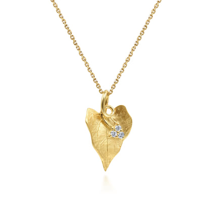 Floral - 18 inch 14K Yellow Gold Diamond Leaf Pendant Necklace