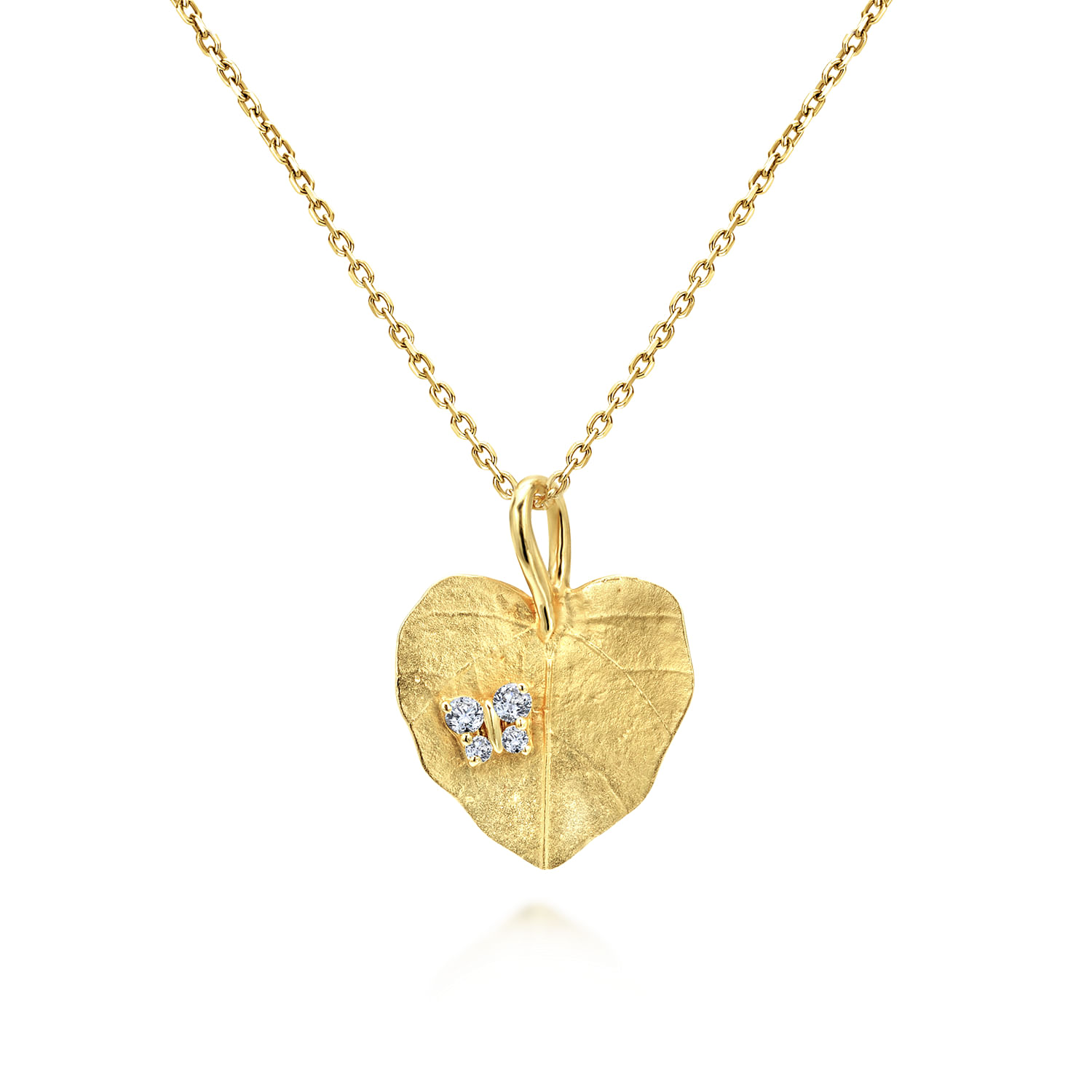 Floral - 18 inch 14K Yellow Gold Diamond Leaf Pendant Necklace