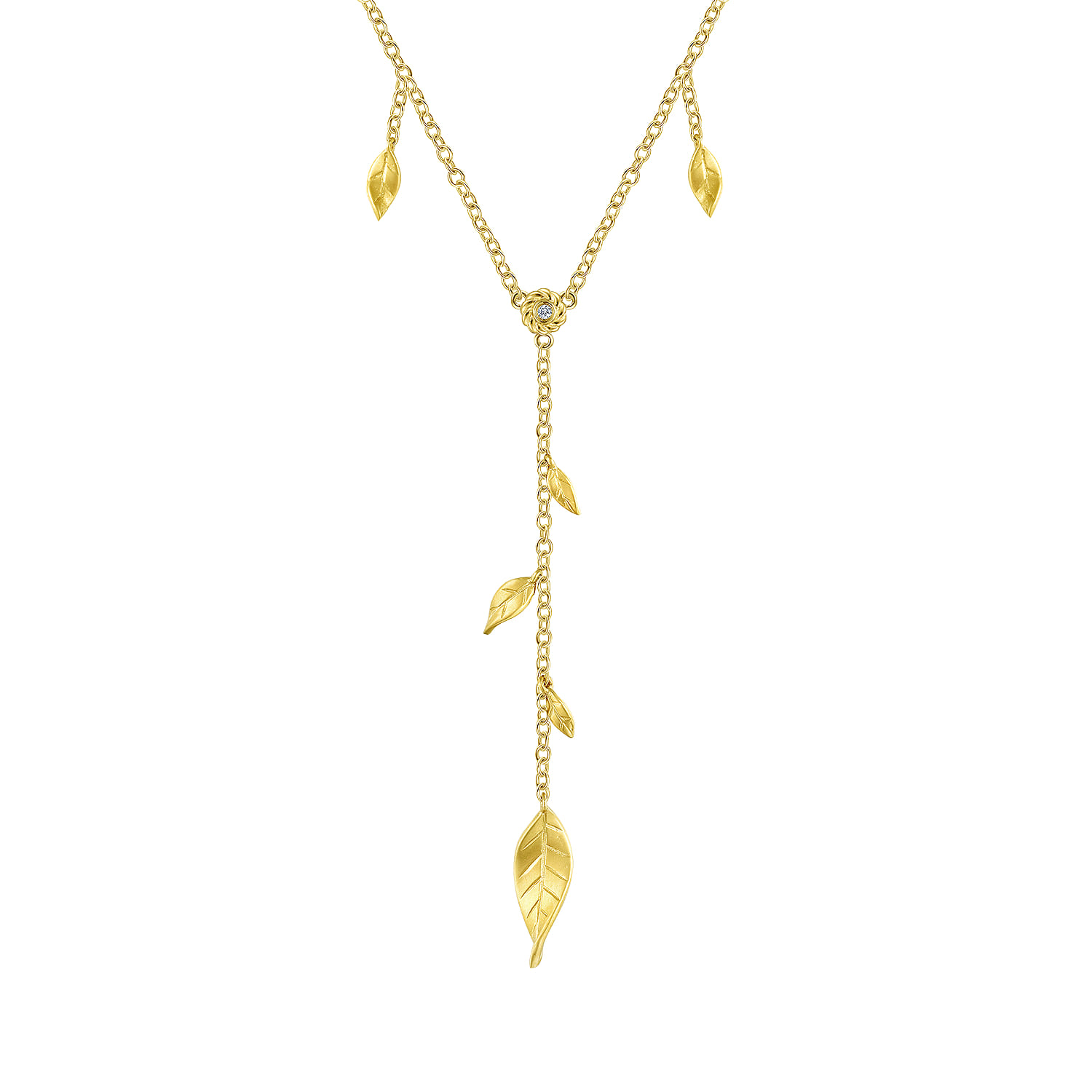 Floral - 18 inch 14K Yellow Gold Y Necklace with Leaf Drops and Center Diamond - Shot 1
