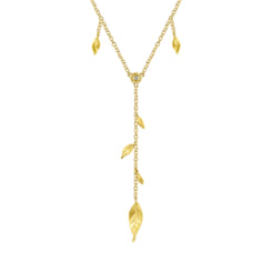 Floral - 18 inch 14K Yellow Gold Y Necklace with Leaf Drops and Center Diamond