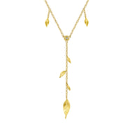 Floral - 18 inch 14K Yellow Gold Y Necklace with Leaf Drops and Center Diamond