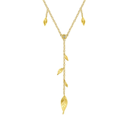 Floral - 18 inch 14K Yellow Gold Y Necklace with Leaf Drops and Center Diamond