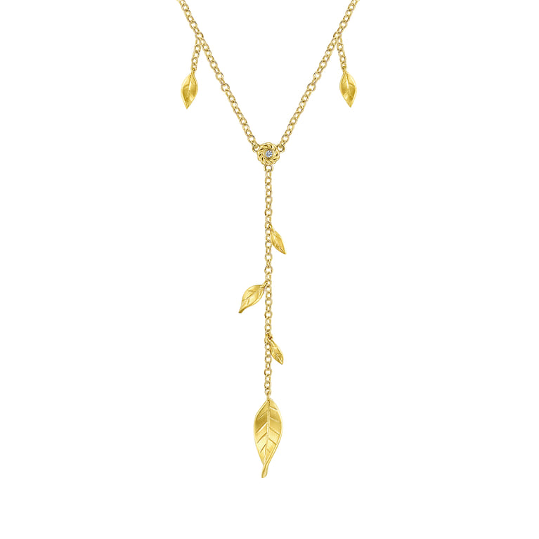Floral - 18 inch 14K Yellow Gold Y Necklace with Leaf Drops and Center Diamond - Shot 1